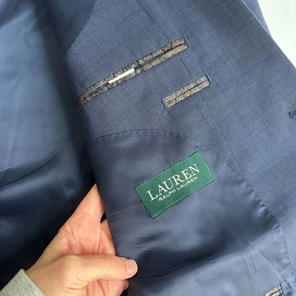 Ralph Lauren Wool Suit Jacket Blazer Mens 46R Navy Blue Formal Preppy Wedding